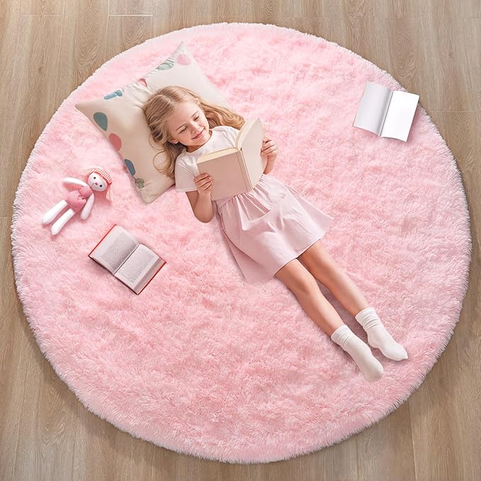 Blivonta Pink Round Rug for Bedroom, 4Ft Fluffy Circle Area Rugs for Living Room, Shag Fuzzy Carpet for Kids Room, Nursery, Dorm, Classroom, Teen, Cute Baby Play Mat Home Decor Aesthetic