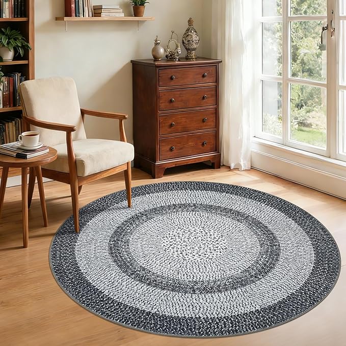 Modern Bordered Round Area Rug 4ft Washable Bedroom Circle Rugs Non Slip Stain Resistant Dining Room Round Throw Carpet Contemporary Circle Mats for Living Room Kitchen Nursery, Grey