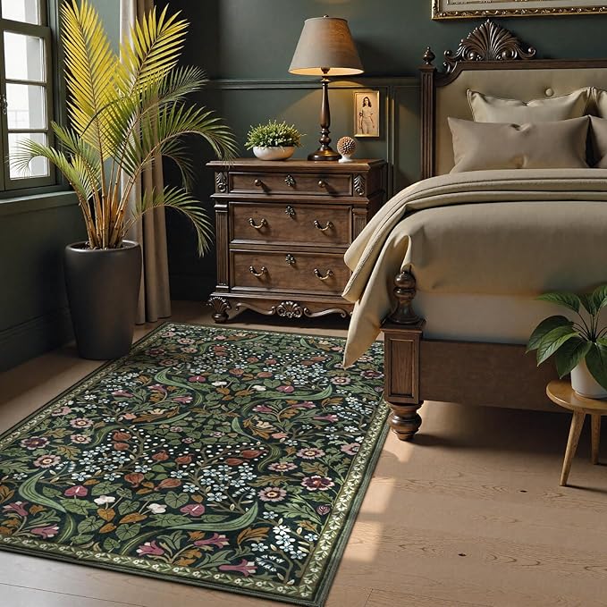 Lahome Claude Floral 3x5 Rugs for Entryway, Botanical Green Machine Washable Boho Throw Rugs for Entrance, Non-Slip Maximalism Stain-Resistant Soft Carpet for Bedroom, Kids Room, Dorm