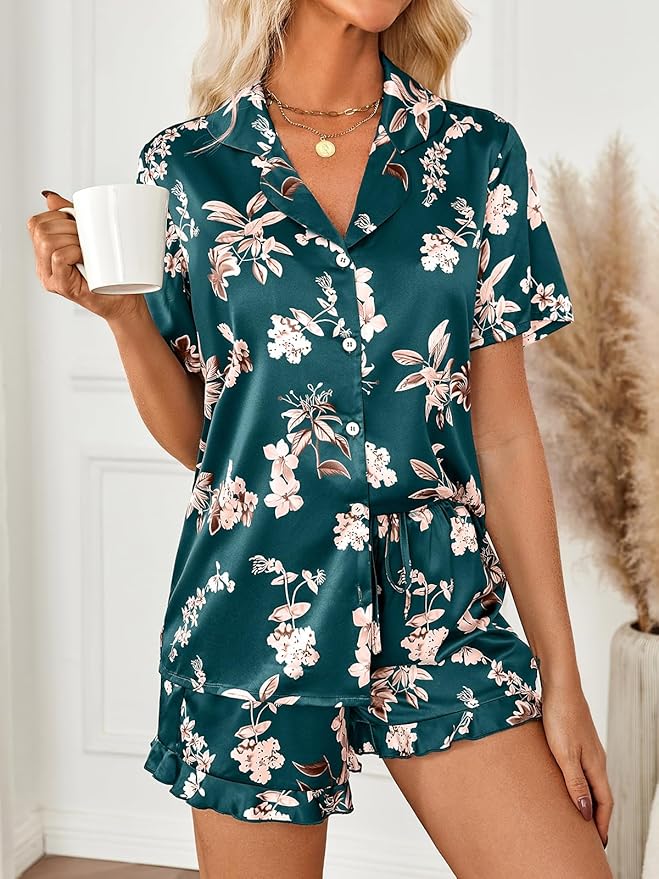 LILLUSORY Womens Satin Silk Pajamas Set 2 Piece Ruffle Pjs Winter Matching Lounge Sleepwear Button Down Striped Shirt Shorts