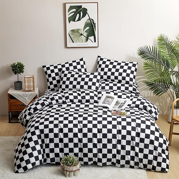 CLOTHKNOW Black White Plaid Queen Comforter Set Grid Bedding Comforter Sets Soft Checker Geometric Queen Comforter with 2 x Pillow Cases