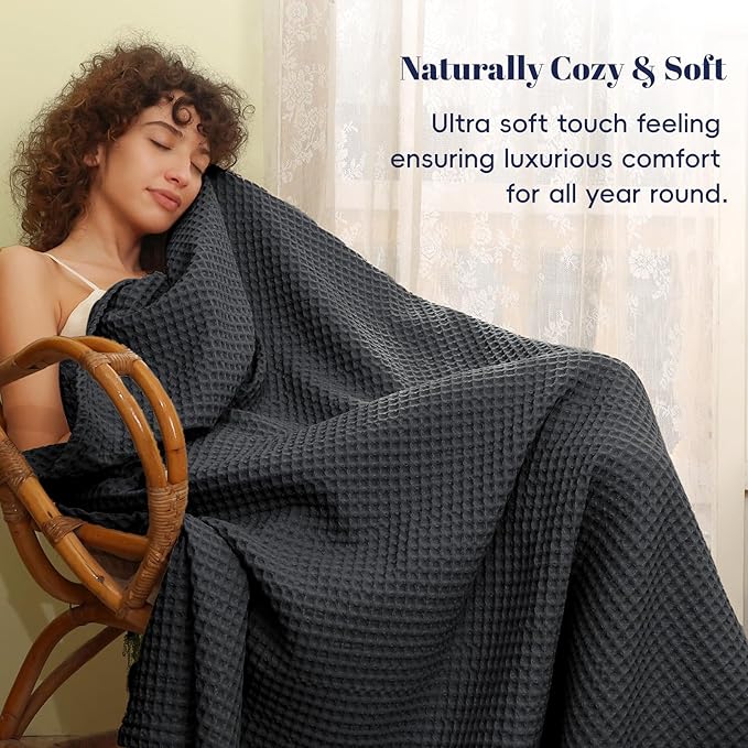 PHF Ultra Soft Waffle Weave Blanket King Size 104"x 90"- Washed Lightweight Breathablee Cozy Woven Blanket - Great for Couch Bed Sofa Home Car - Black