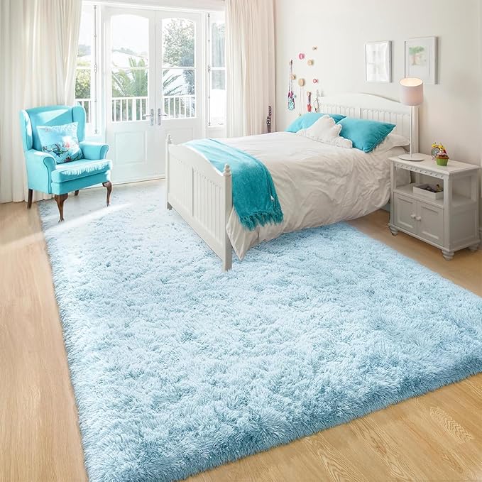 YJ.GWL Area Rugs for Living Room Bedroom, 6x9 Machine Washable Large Light Blue Carpet, Soft Fluffy Shaggy Thick Big Shag Indoor Floor Rug for Kids Boy and Girls Room Dorm Home Decor Aesthetic