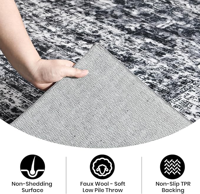 CRYPTOLITE Area Rugs for Living Room, 5x7 Washable Vintage Faux Wool Throw Bedroom Rug, Low Pile & Non-Slip Indoor Floor Carpet for Dining Room, Home Office, Kids Room, Bedside (Dark Grey)