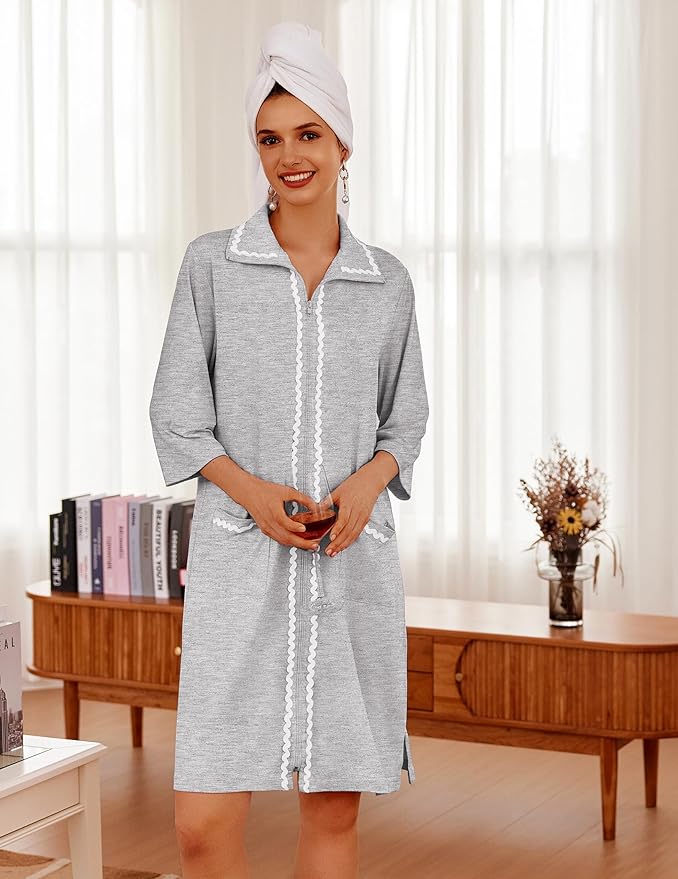 Ekouaer Women Zipper Robe Lightweight House Coat Zipper Front Short Bathrobes Soft Nightgown with Pockets S-3XL