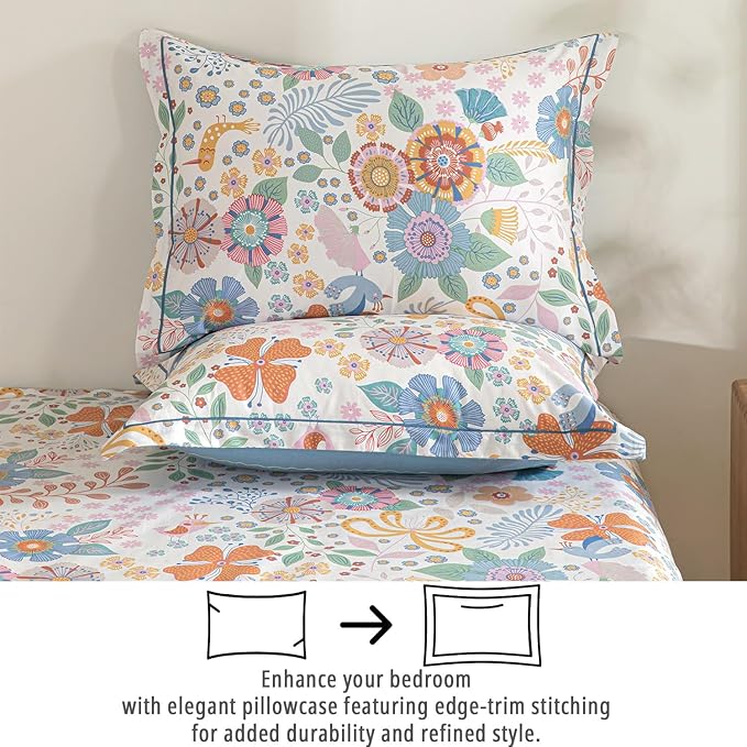 ALEISSEL Blue Floral Cotton Comforter King Size - Vibrant Artistic Blooms & Boho Geometric Patterns, White & Soft Blue, 3PC Lightweight Bedding Sets with Down Alternative Fill(104"×90")
