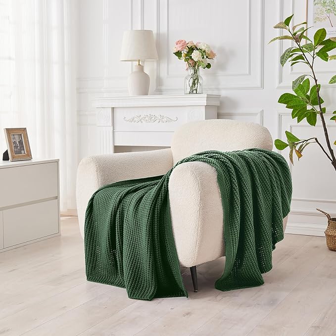 Douceur Christmas Green Throw Blanket for Bed, Soft Chunky Cable Knit Throw Blanket, Classic Fisherman's Rib Stitch Pattern Throw for Living Room,60"X80"