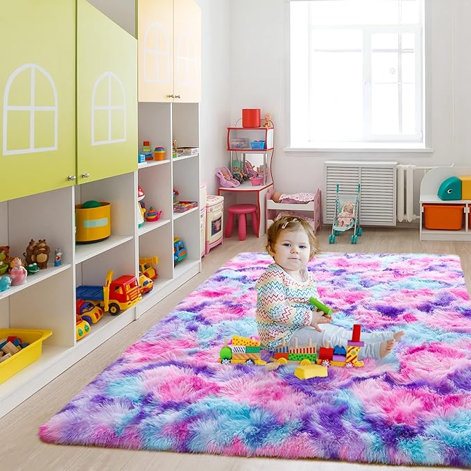 Noahas 4x6 Fluffy Kids Rugs for Room,Soft Hot Pink and Purple Tie-Dyed Rainbow Rug for Girls Bedroom,Soft Colorful Playroom Shag Nursery Carpets Room Decor