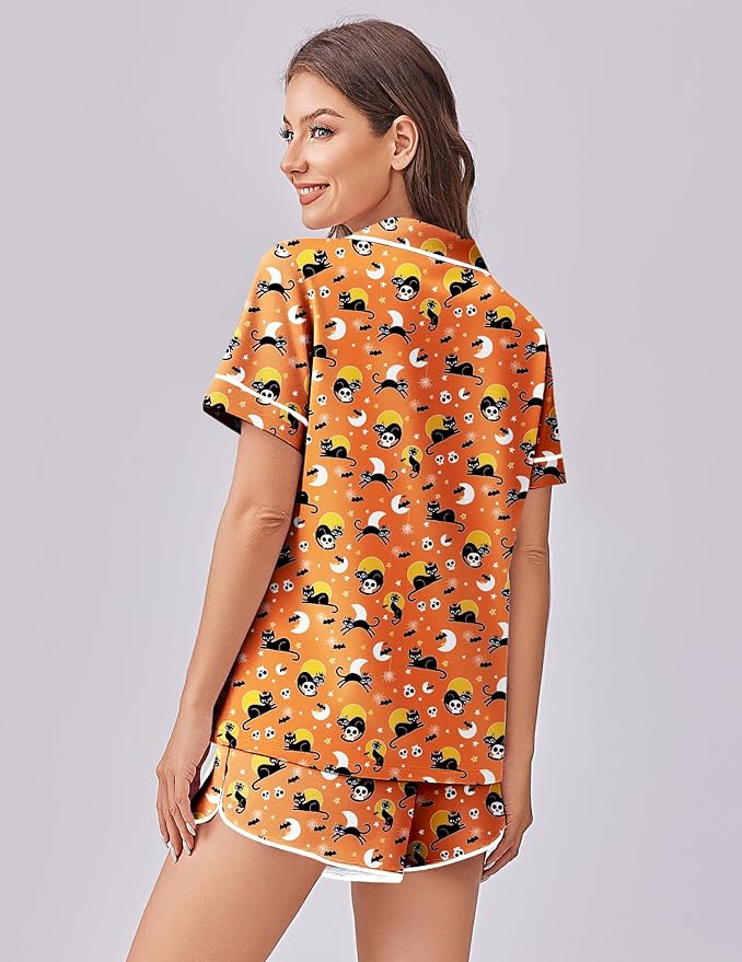 Ekouaer Womens Silk Satin Pajama Set Print Short Sleeve Sleepwear Button Down Pjs Shorts Set Loungewear