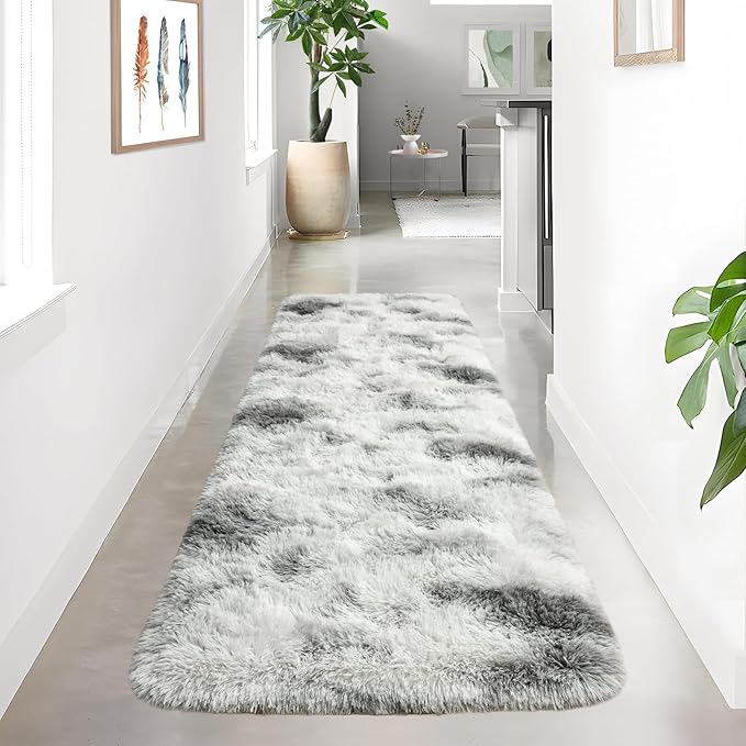 Noahas Runner Rug for Hallway,2'x6' Tie-Dyed Grey and White Long Area Rugs for Bedroom Living Room,Non Slip Thick Shag Carpet for Entryway Dorm Bedside Kids Room