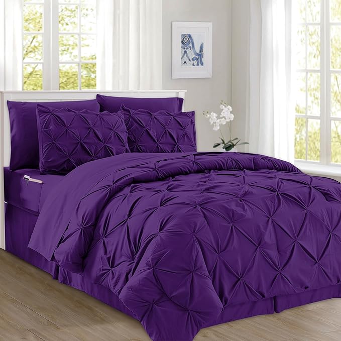 Elegant Comfort 8-Piece Pinch Pleated Comforter Set - All Season Complete Bed in a Bag, Includes 4pc Smart Sheet Set, Bed Skirt, Comforter, Matching Pillowcases and Shams, King/Cal King, Purple