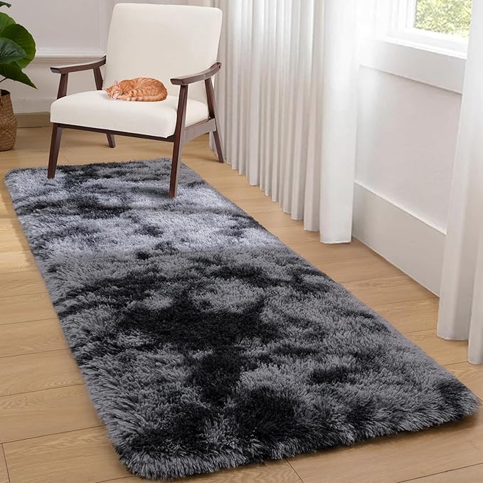 Softlife Area Rug for Bedroom, Fluffy Shag Plush Tie Dyed Rainbow Black for Living Room Girls, Shaggy Throw Carpet for Kids Soft Fuzzy Runner Small 2x6 Runners for Hallways Dorm