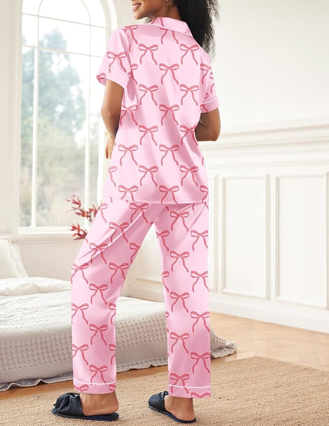 Ekouaer Womens Silky Satin Pajamas Set Short Sleeve Button Down Sleepwear 2 Piece Lounge Set Pj Set