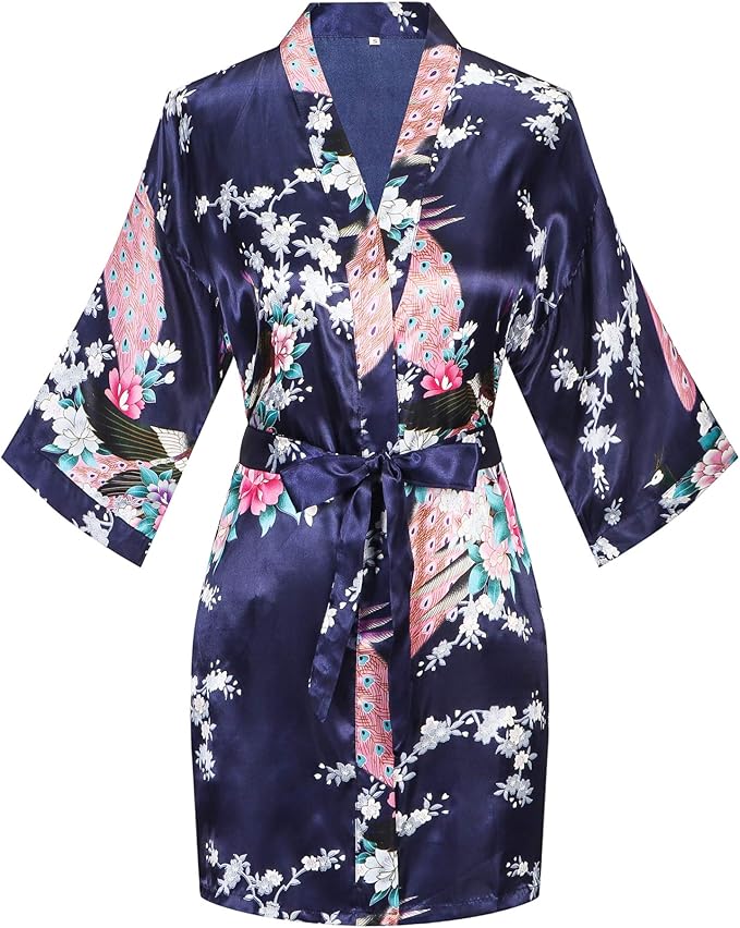 Women's Short Kimono Robes Bride and Bridesmaid Satin Floral Bathrobe Peacock Sleepwear Dressing Gown for Wedding Party