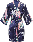 Women's Short Kimono Robes Bride and Bridesmaid Satin Floral Bathrobe Peacock Sleepwear Dressing Gown for Wedding Party