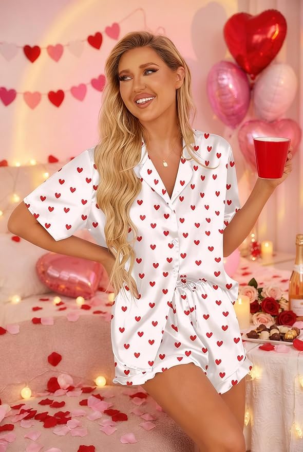 HOTOUCH Womens Satin Pajamas Set Button Down 2 Piece Silk Pjs Shorts Set Ruffle Lingerie Notch Collar Sleepwear