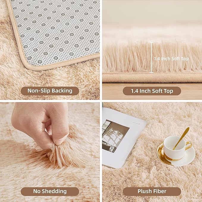 Litanika 8x10 Shag Area Rug for Living Room Bedroom, Tie-Dyed Beige High Pile Soft Plush Shaggy Furry Cream Bedside Playroom Dorm Carpet, Non-Slip, Non-Shedding Modern Indoor Floor Rug
