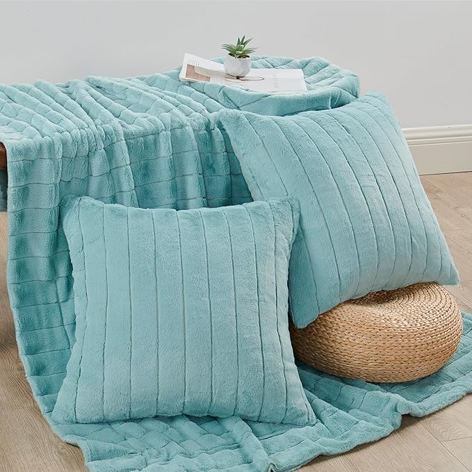 Striped Throw Blanket and Pillow Covers Set (No Inserts) for Couch and Bed, Plush Warm Lightweight Fuzzy Faux Fur Blanket for All Seasons (50" x 60", Pastel Blue)