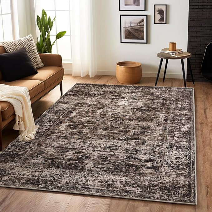 Washable Area Rug 4x6 – Soft Vintage Brown Distressed Carpet for Bedroom, Living Room, Entryway, Kitchen, or Office – Low Pile Indoor Mat for Home Decor