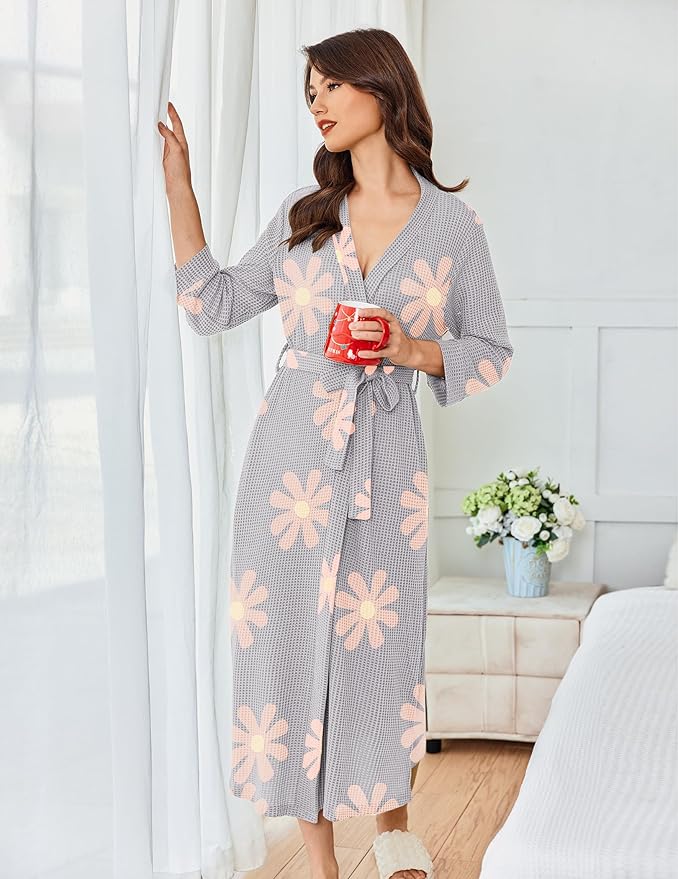 Ekouaer Women's Robe Long Waffle Knit Bathrobe Lightweight Soft Kimono Robes Loungewear S-XXL