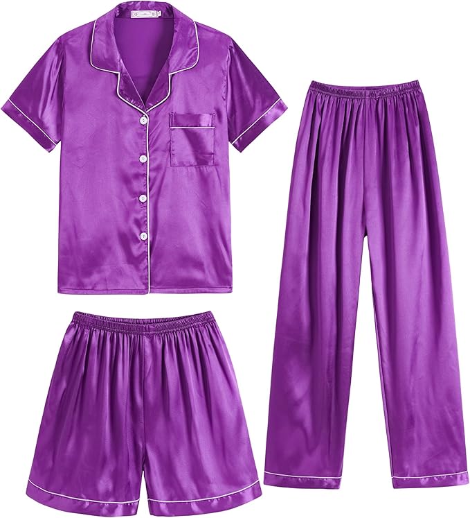 Hupohoi Unisex Girls Boys Kids Pajama Sets Button Down Satin Sleepwear Nighty 3PCS Silky Lounge Sets Nightwear