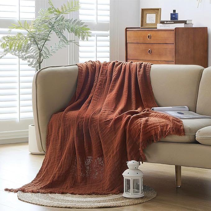 Cotton Muslin Throw Blanket with Tassels, Lightweight Woven Gauze, Pre-Washed Breathable Farmhouse Decor for Bed, Couch, All-Season Use (Rust, 50" x 60")