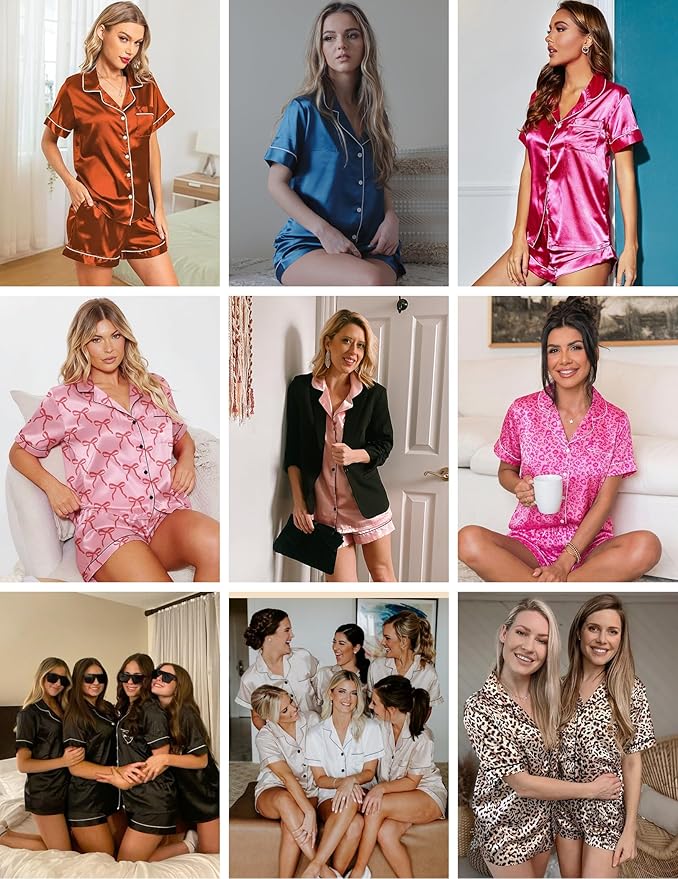 Ekouaer Womens Silk Satin Pajama Sets Soft Short Sleeve Button Down Sleepwear Top and Shorts 2 Piece Pjs Lounge Set