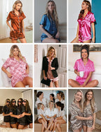 Ekouaer Womens Silk Satin Pajama Sets Soft Short Sleeve Button Down Sleepwear Top and Shorts 2 Piece Pjs Lounge Set