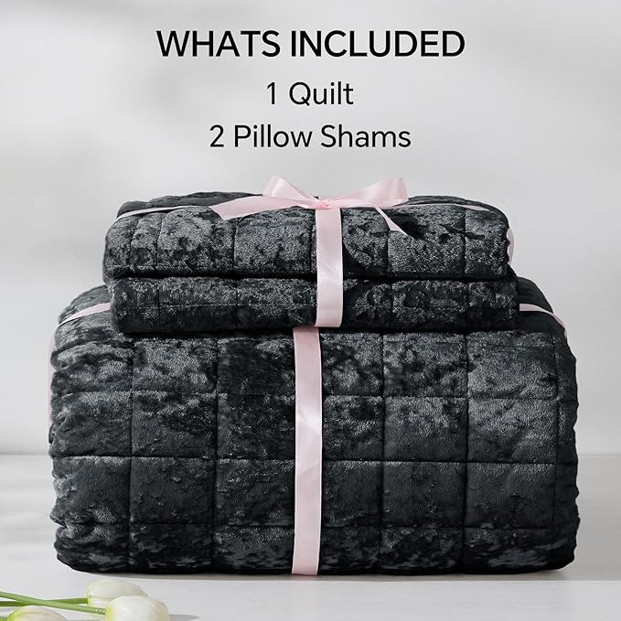 BEDELITE Velvet Quilt Set King Size - Luxury Velvet Comforter Bedding Set 3 Pieces, Lightweight Soft Cozy Shiny Black Oversized Bedspread Coverlet for All Seasons with 2 Pillow Shams