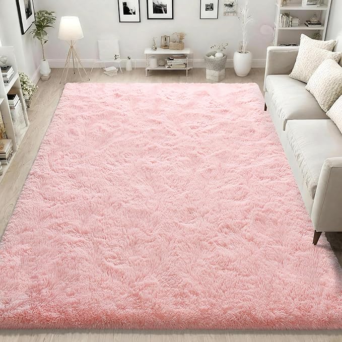 ISEAU Fluffy Rug Dorm College Apartment Carpets Soft Shaggy Area Rugs Indoor Floor Mats for Kids Room Fuzzy Carpet Bedside for Boys Girls Bedroom Living Room Home Decor Mat, 5ft x 8ft, Pink