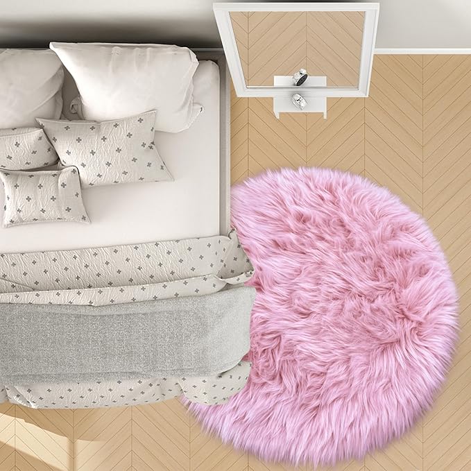 4 Ft Fluffy Round Pink Rugs for Bedroom Girls, Plush Faux Sheepskin Fur Rug for Living Room, Fluffy Circle Rug for Kids Room, Fuzzy Shag Circle Carpet for Teen Girls Baby Room Nursery Dorm