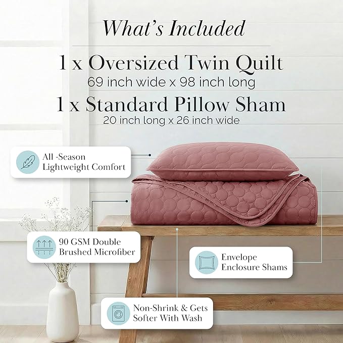 Southshore Fine Living, Inc. Twin Quilt Bedding Set with Matching Quilted Pillow Sham, Modern Circle-Stitch Design, Quilted Twin XL Bedspread/Coverlet, Twin Size, Lightweight Dusty Rose Quilt