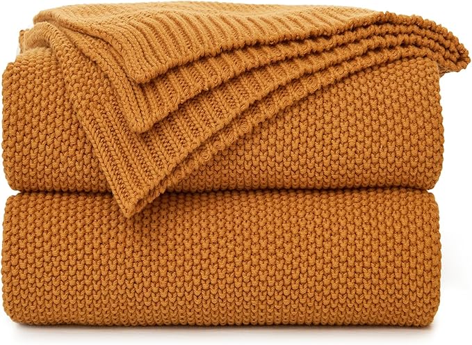 Longhui bedding Burnt Orange Cotton Cable Knit Throw Blanket for Couch Sofa Chair Bed Home Decorative, 3.4 Pounds 60 x 80 Inch Woven Throw Blankets with Bonus Laundering Bag
