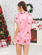 Ekouaer Womens Silk Satin Pajamas Short Sleeve PJS Shorts Set Soft Button Down Sleepwear 2 Piece Loungewear S-5XL