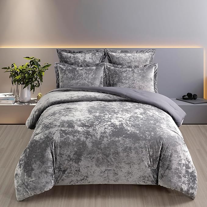 Fredsure Distressed Velvet Comforter Set, 5 Pieces Dark Grey Queen, Distressed Velvet Face and Brushed Microfiber Reverse