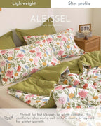 ALEISSEL Luxurious Cotton 3pcs Floral Comforter Sets King Size - Blush, Yellow & Blue Spring Garden Floral Prints on White, Warm Olive Green Reverse,Vintage Lightweight Bedding Sets(King 104"×90")