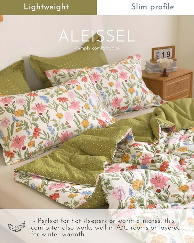 ALEISSEL Luxurious Cotton 3pcs Floral Comforter Sets King Size - Blush, Yellow & Blue Spring Garden Floral Prints on White, Warm Olive Green Reverse,Vintage Lightweight Bedding Sets(King 104"×90")