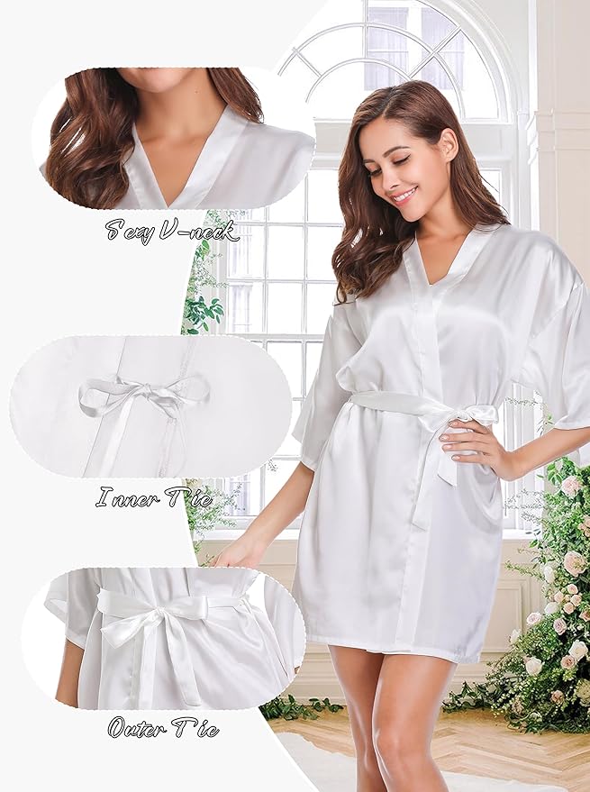 Women's Short Satin Robe Silky Bathrobes Bridal Bridesmaid Kimono Robe V-Neck Sleepwear S-XXL