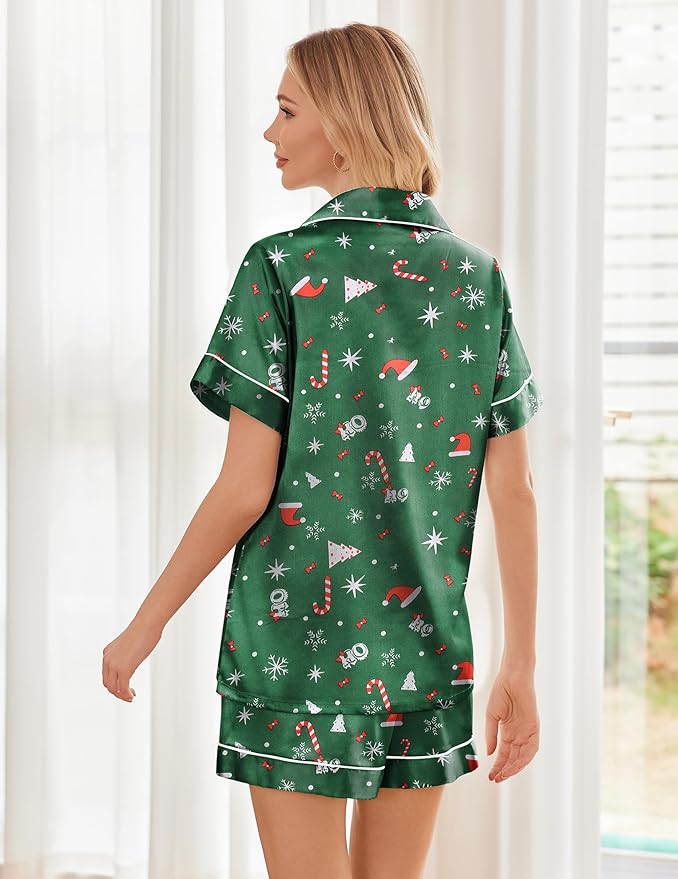 Ekouaer Womens Silk Satin Pajama Sets Soft Short Sleeve Button Down Sleepwear Top and Shorts 2 Piece Pjs Lounge Set