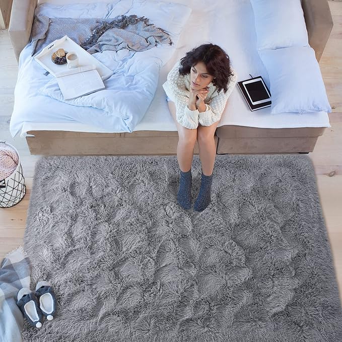 Softlife Area Rug for Bedroom, Fluffy Shag Plush Grey Rugs for Living Room Girls, Shaggy Throw Soft Fuzzy Small Kids Carpet for Dorm Bedside Ultra Cozy Non-Slip Indoor Decor, 4x5.3 Feet