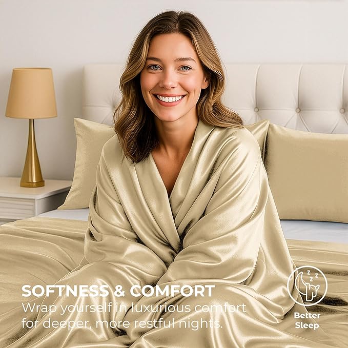 Satin Sheets Full [4-Piece, Ivory] Hotel Luxury Silky Bed Sheets - Extra Soft 1800 Microfiber Sheet Set, Wrinkle, Fade, Stain Resistant - Deep Pocket Fitted Sheet, Flat Sheet, Pillow Cases