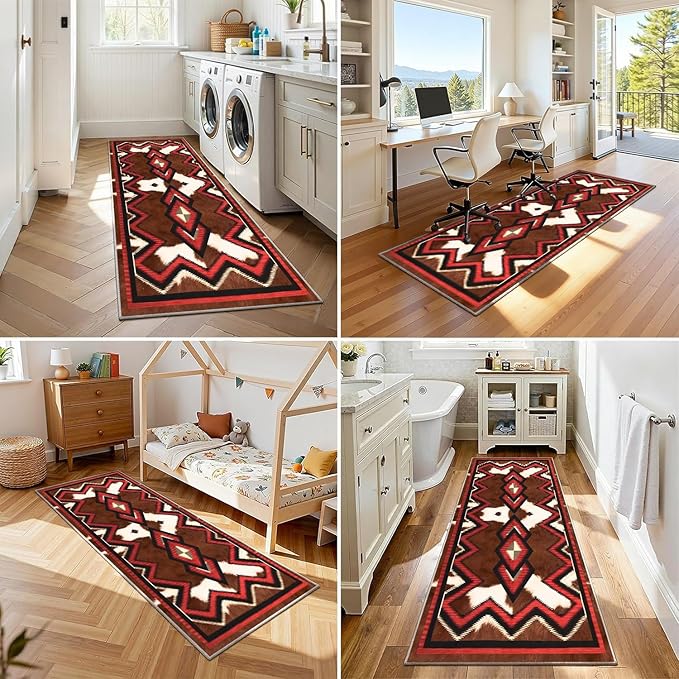 Western Runner Rug,2x8ft,Brown Cow Hide Print Runner Rug,Indoor Soft Non-Slip Washable Country Farmhouse Rugs,Southwestern Aztec Geometric Patt Rustic Runner Rugs,for Hallway Bedroom Floor Mat