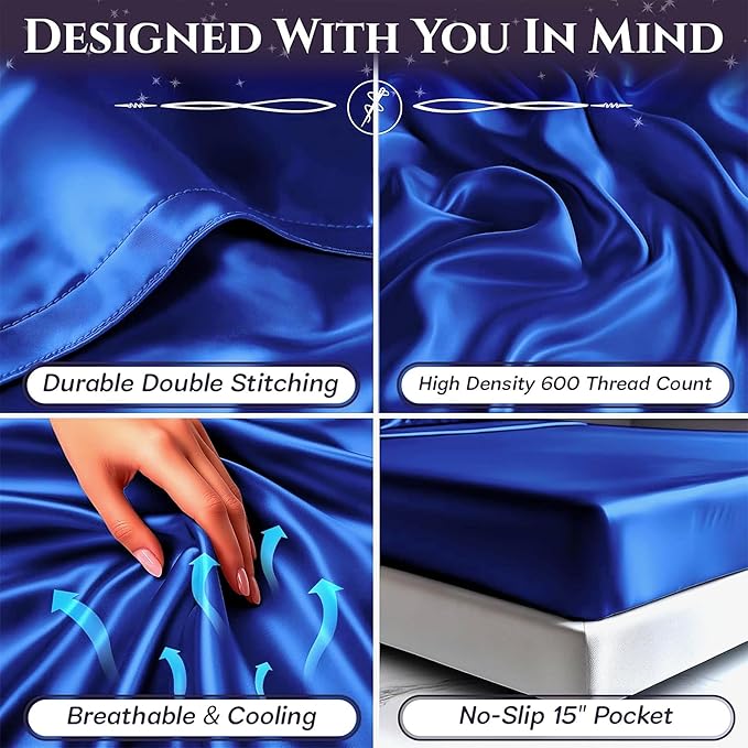 SLEEP SANCTUARY Satin Sheets Full Size – 4 Piece Luxury Silky Bed Set, Softer Than Silk, 15" Deep Pocket, Cooling & Wrinkle-Free, Moisture-Wicking & Breathable for Hair & Skin (Blue)