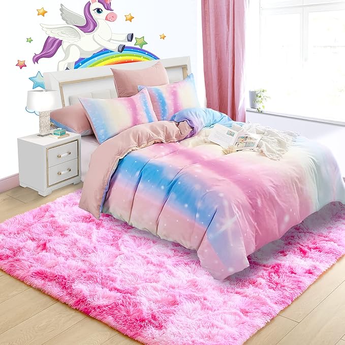 Noahas 4x6 Fluffy Kids Rugs for Room,Soft Pink Tie-Dyed Rainbow Rug for Girls Bedroom,Soft Colorful Playroom Shag Nursery Carpets Room Decor