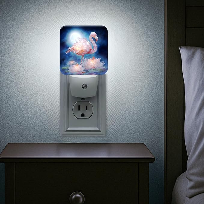 Tropical Bird Night Lights Plug Into Wall, Tropical Serene Water Lily Moon Summer Peach Led Night Lights Plug Into Wall Outlet for Guest Room Basement Office Decor 1pcs