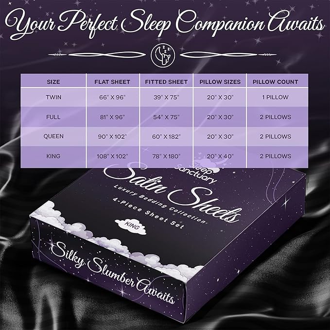 SLEEP SANCTUARY Satin Sheets King Size – 4 Piece Luxury Silky Bed Set, Softer Than Silk, 15" Deep Pocket, Cooling & Wrinkle-Free, Moisture-Wicking & Breathable for Hair & Skin (Striped Black)