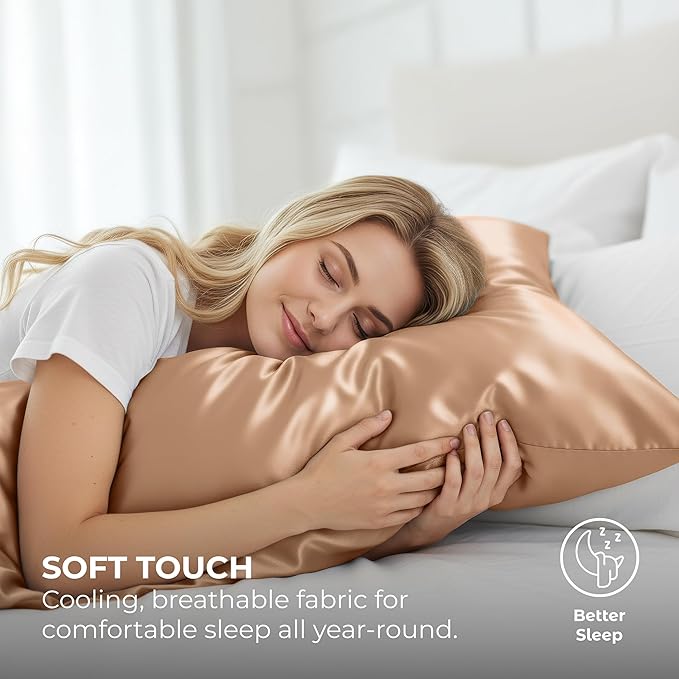 Pure Bedding Satin Pillowcase 2 Pack - Queen Size (20"x30", Rose Gold) - Silky Pillow Cases for Hair and Skin - Satin Pillow Covers with Envelope Closure - Extra Soft Premium Microfiber