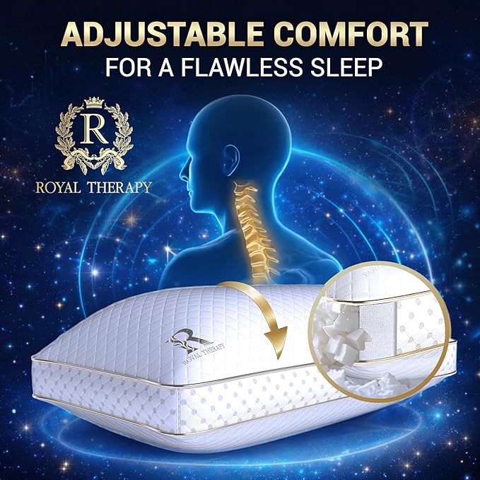 Royal Therapy Queen Memory Foam Pillow, Adjustable Shredded Odor-Free Pillow for Neck & Shoulder Pain Relief, Support for Back, Stomach, Side Sleepers, AirFlowPRO