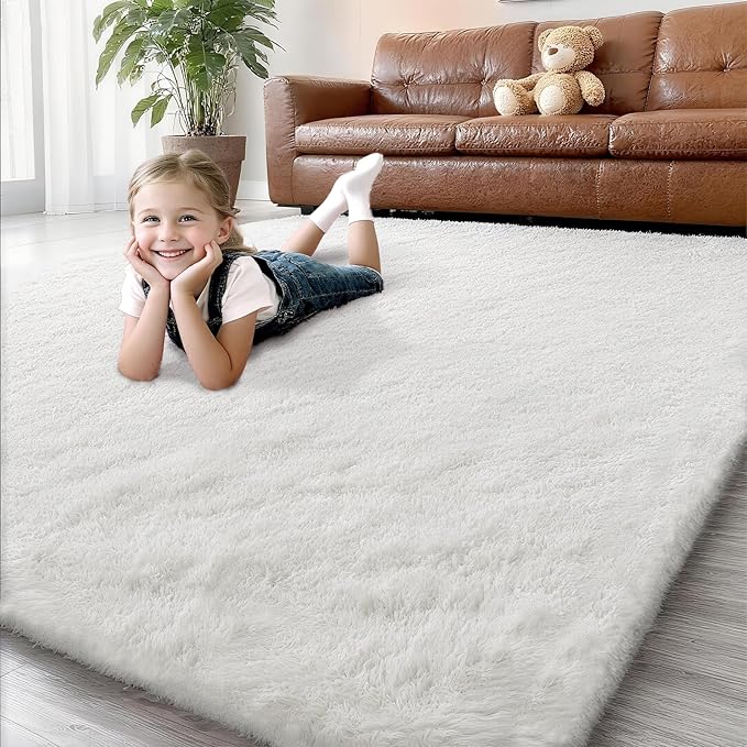 Shag White Rug, Rugs for Bedroom Living Room, 4x6 Ultra Soft Fluffy Area Rugs for Bedside, Kids Girls Room, Nursery, Playroom, Easy Clean, Indoor Carpet for Living Room, Modern Carpet Décor