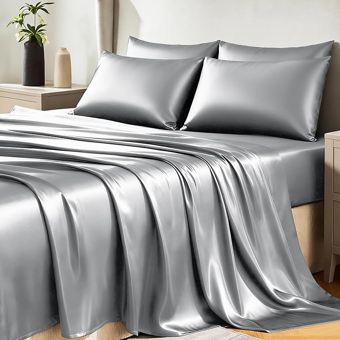 CozyLux Satin Sheets Queen Size Bed Set - 6 Piece Silky Queen Sheet Set, Luxury Light Grey Queen Sheets with Smooth and Soft Microfiber, Includes 1 Fitted Sheet, 1 Flat Sheet and 4 Pillowcases